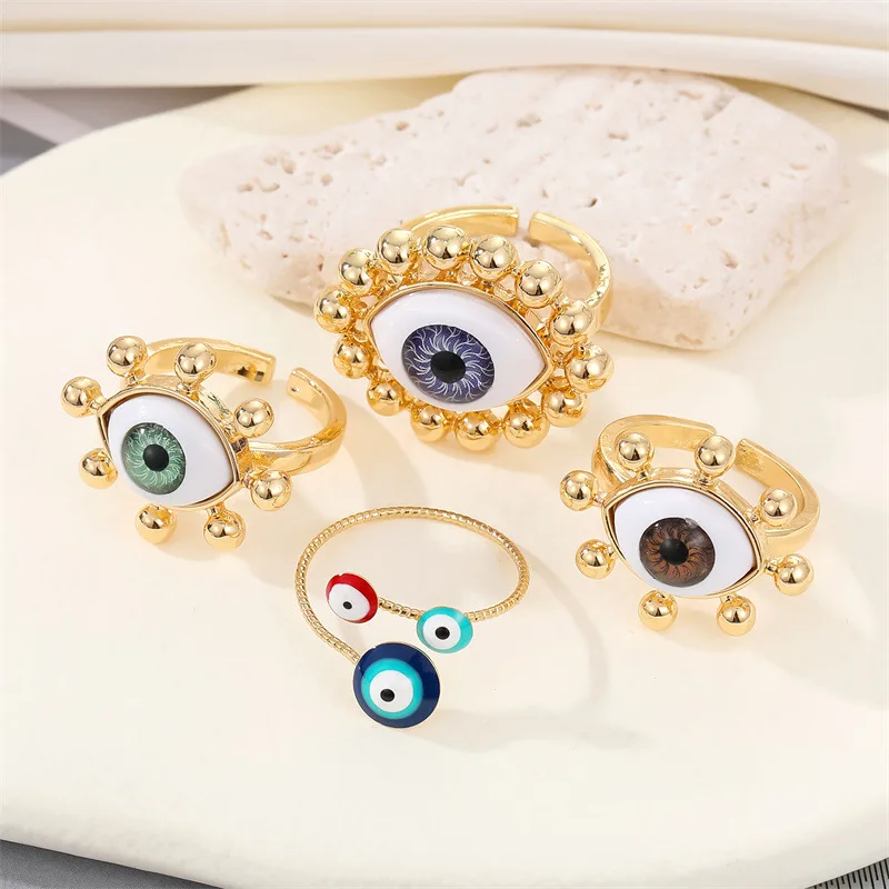 Sun Blue Evil Eye Finger Rings For Women Gift Punk Unique Flower Turkish Lucky Eye Adjustable Ring Wedding Party Jewelry AR42