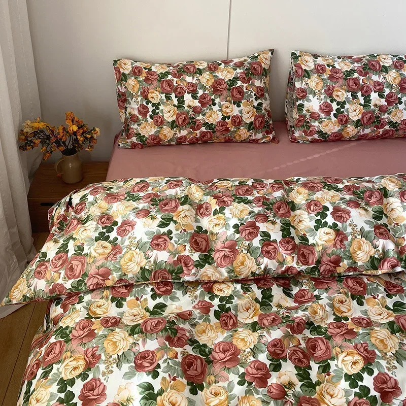 100%Cotton Floral Print Vintage Bedding Set Simple Comfortable Duvet Cover Set with Sheet Comforter Covers Pillowcases Bed Linen