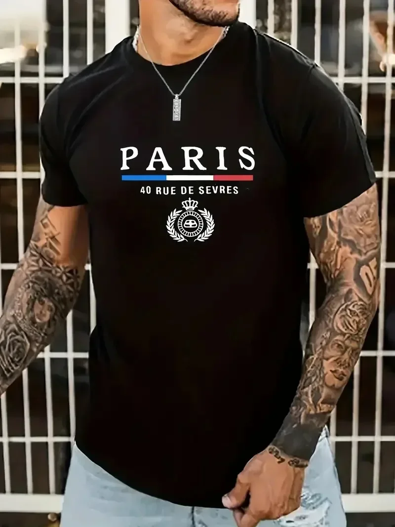 Tees For Men, 'Paris' Print T Shirt, Casual Short Sleeve Tshirt For Summer Spring Fall, Tops As Gifts Summer, Mens Clothing