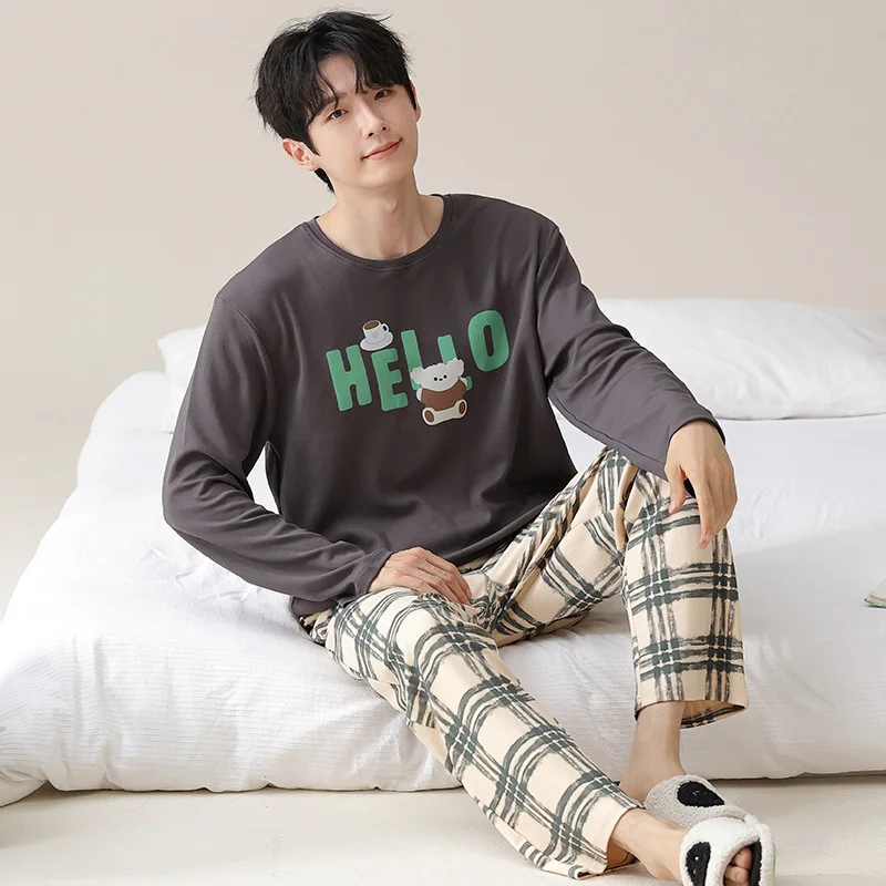 High Quality Pure Cotton Pajamas Suit Men Autumn Winter Long-sleeved Korean Version Sleepwear Male Cartoon Loose Loungewear Gent