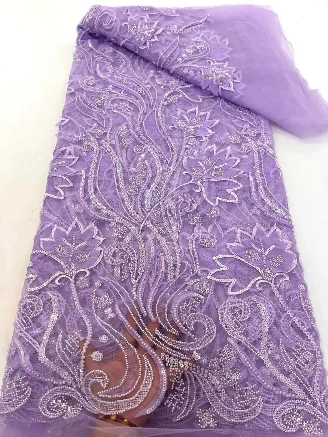 

African French Mesh Beaded Lace Fabric 2025 High Quality Nigeria African Tulle Sequin Lace Fabric for Women Evening Party Dress