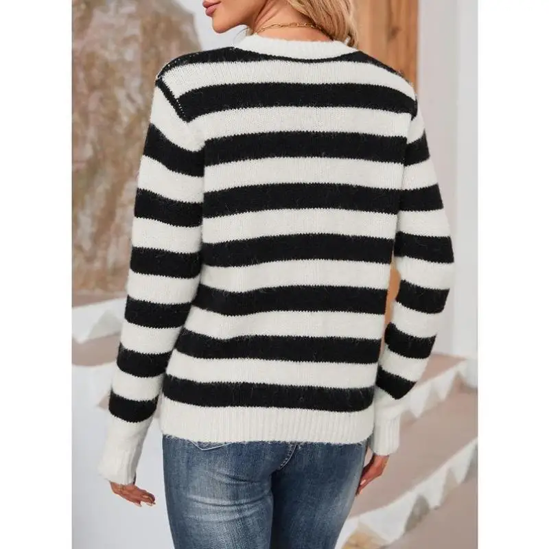

Adorable Color Blo Stripe round Ne Sweater for Women New Arrival Knitted Inner Wear Ci Walk Coolmax Fiber Nine Sve P...