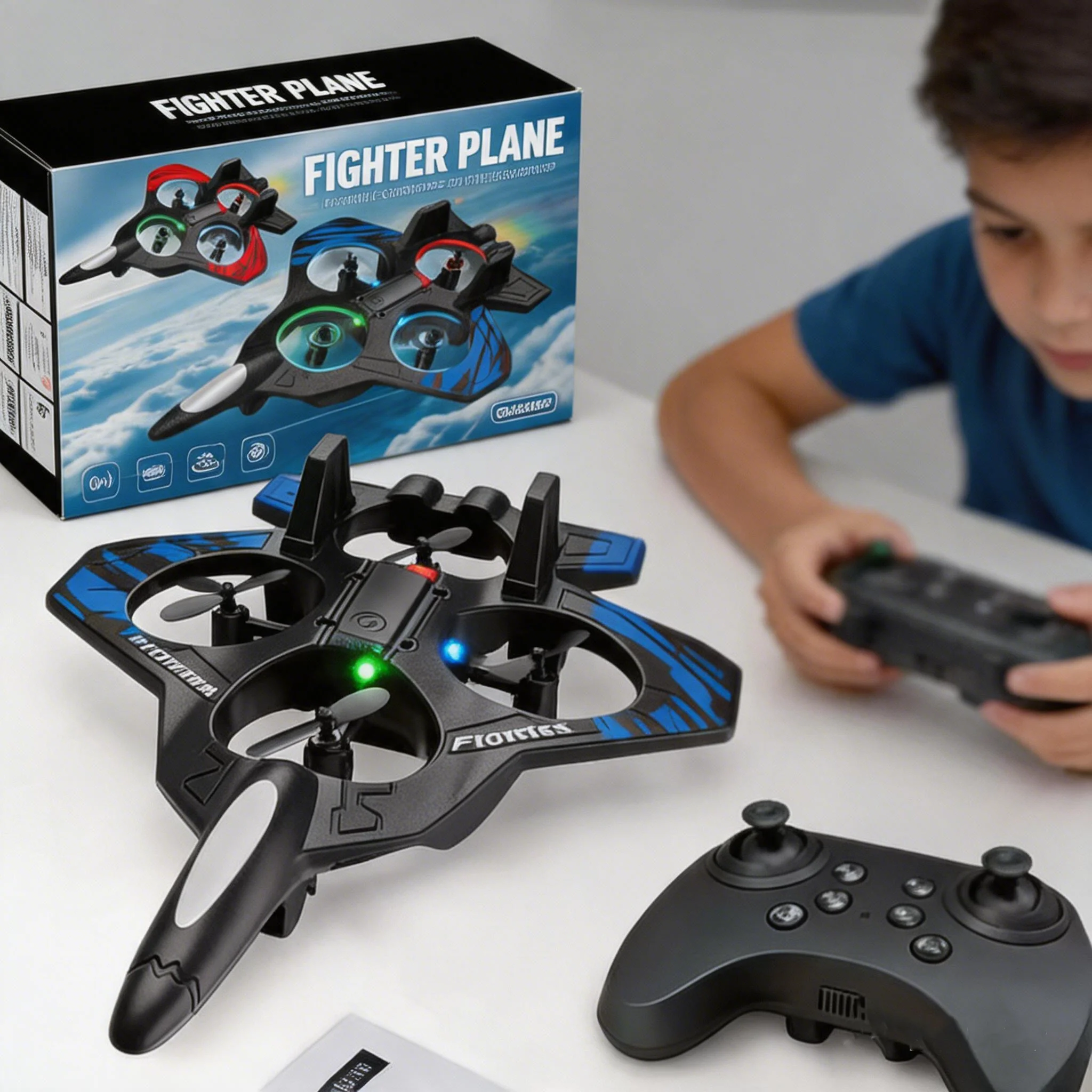 Q3 RC Fighter Plane Drone EPP Crash Resistant Foam Remote Control Aircraft with LED Lights One Key Takeoff Stunt Quadcopter Toys