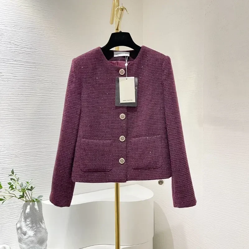 

Women's Bugundy Sequined Jacket High Quality O-Neck Long Sleeve Tweed Female Fall Winter Outwear 2024 New