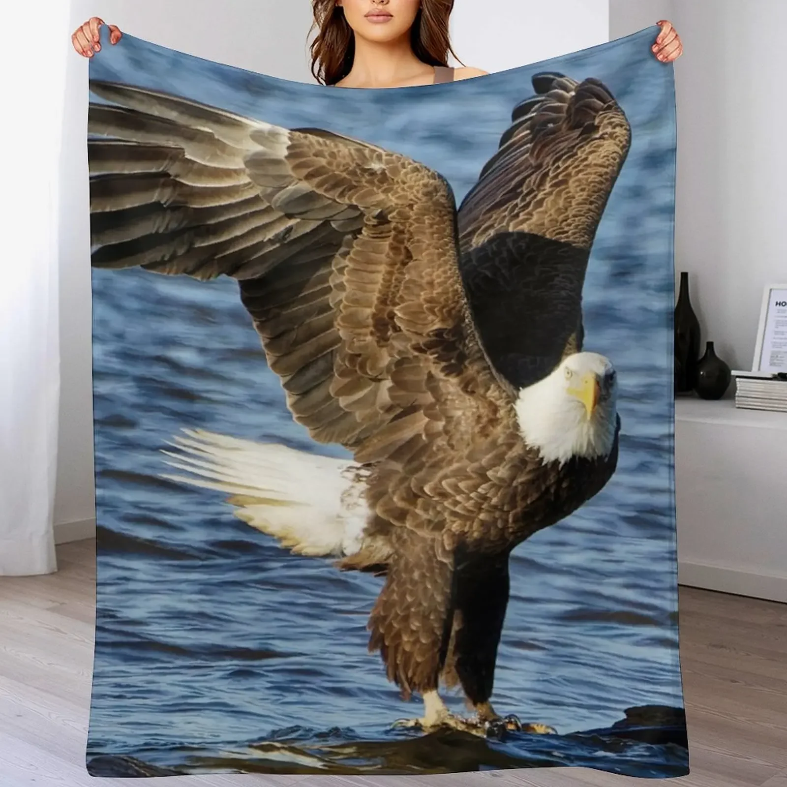 

Bald Eagle landing in river Throw Blanket Cute Luxury Shaggy Plaid Blankets