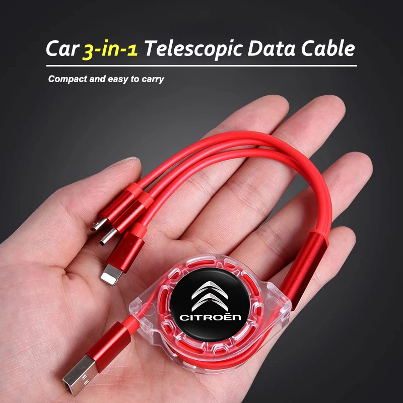 Car 3 In 1 USB Type-C Ports Fast Charger Power Data Cable For Citroen Celysee C6 C3 C5 C1 C2 C4 Aircross Picasso Cactus Berlingo