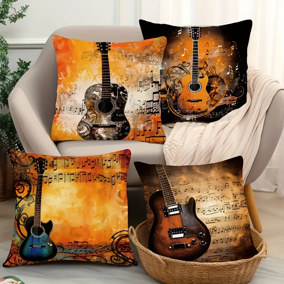

Retro guitar sheet music pillowcase, pillowcase ultra-soft polyester material living room sofa back car pillowcase decoration