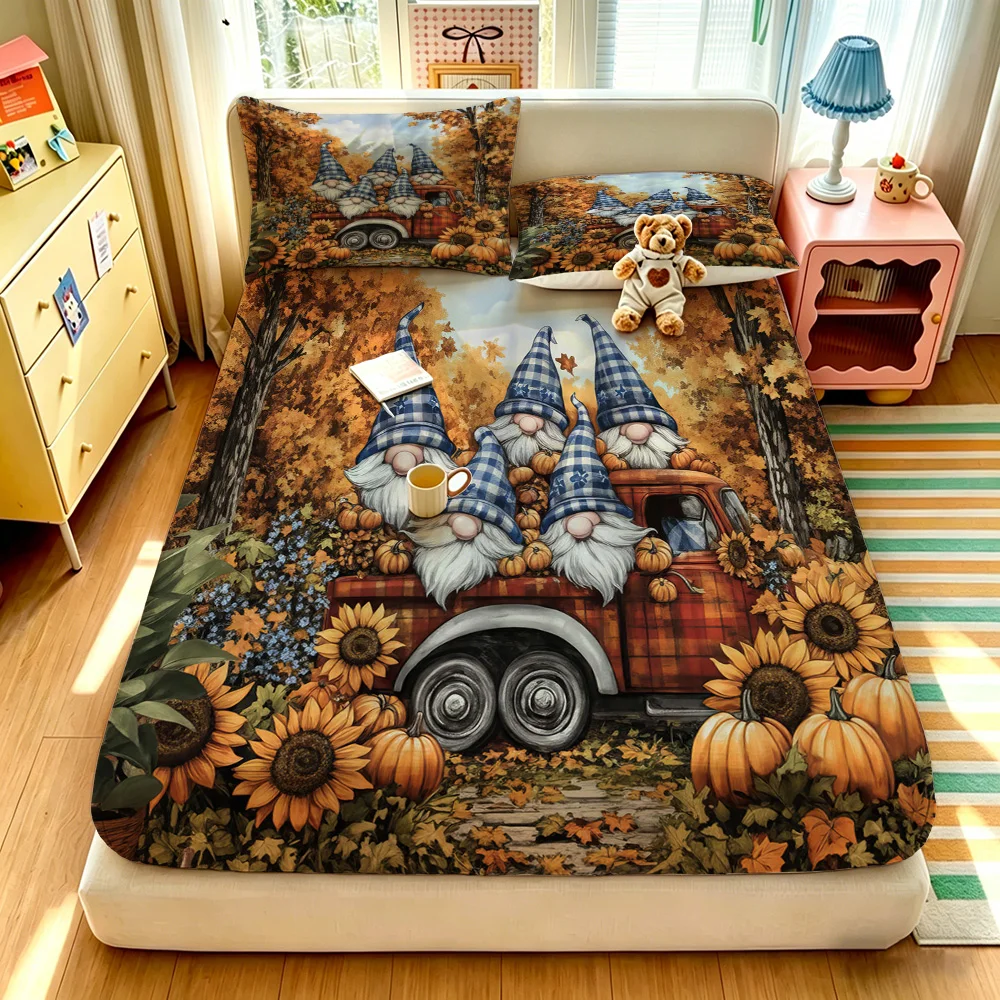 3pcs Autumn Harvest Festival Print Coreless Fitted Sheet Set Multi Size Soft Bed Cover Bedding Decoration Machine Washable