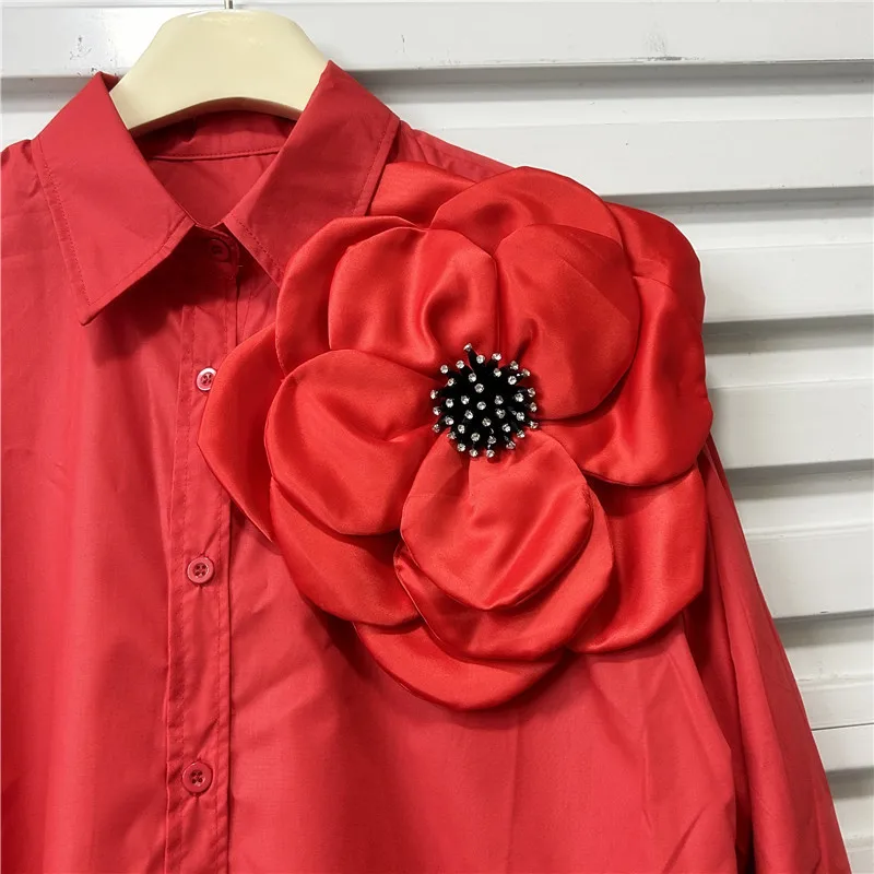 [EWQ] American Fashion Style Full Sleeve 3D Flower Embroidered Flares Blouse Loose Red Shirts Women 2024 Autumn New Tide 16O1195