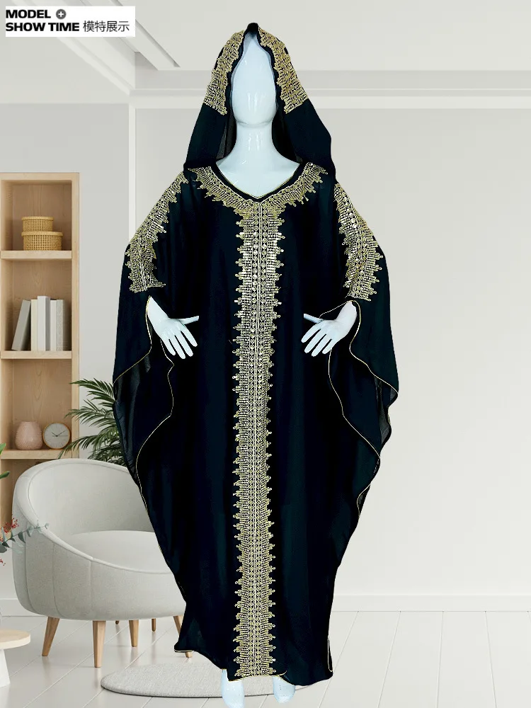 

Dubai Eid Hooded Abaya Women Muslim Boubou Bat Sleeve Maxi Dress Turkey African Kaftan Islam Djellaba Morocco Party Evening Robe