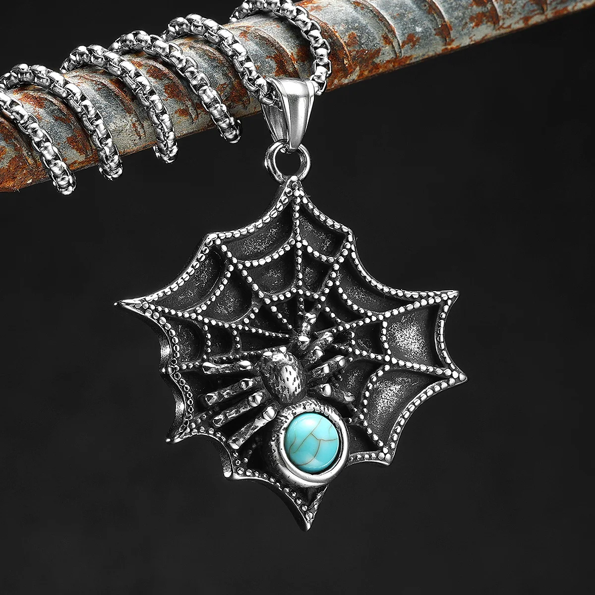 Spider Webs Pendants Men Green Gem Necklaces 316L Stainless Steel Turquoise Chain Rock Hip Hop for Friend Male Jewelry Best Gift