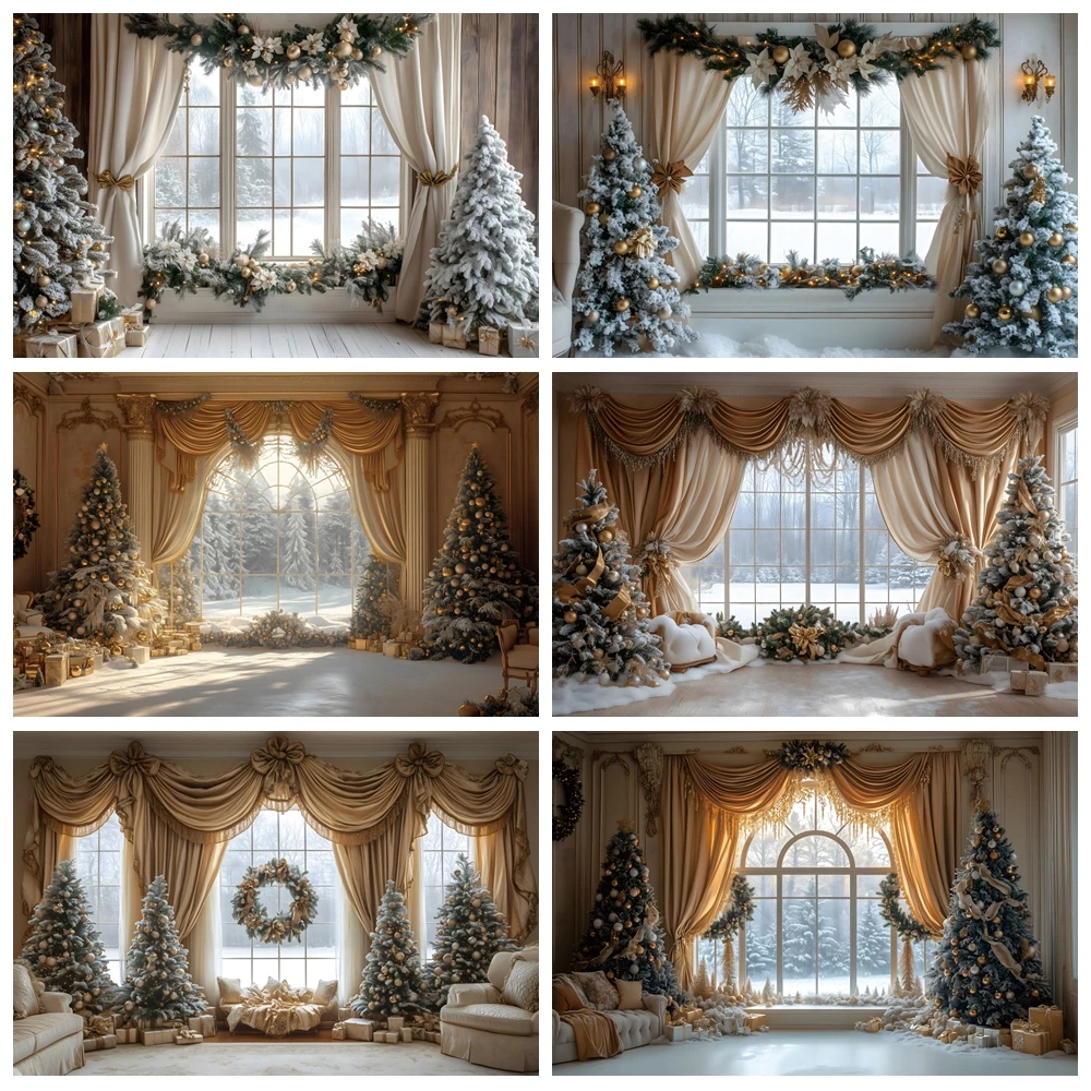 

Christmas Backdrop Gold Curtains Window Xmas Tree Gift Winter Snow Family Party Indoor Decor Photography Background Photo Studio