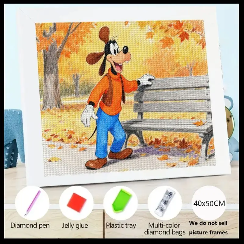 

1 шт. Набор алмазной живописи Disney Goofy 5D, полная дрель, пейзаж осеннего парка своими руками с скамейкой и осенними листьями, большой кристалл G 40x50 см