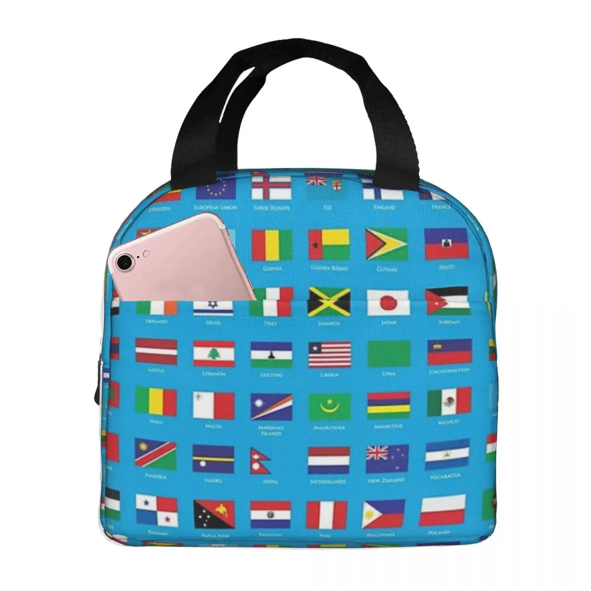 Flags Of The World With Country Names Lunch Bags Insulated Bento Box Lunch Tote Resuable Picnic Bags Cooler Thermal Bag Woman