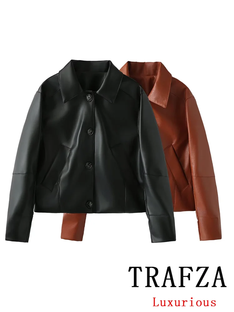 

TRAFZA Vintage Casual Chic Women Jackets Single Breasted Turn-down Collar Pockets Coats New Fashion 2024 Office Lady Jackets