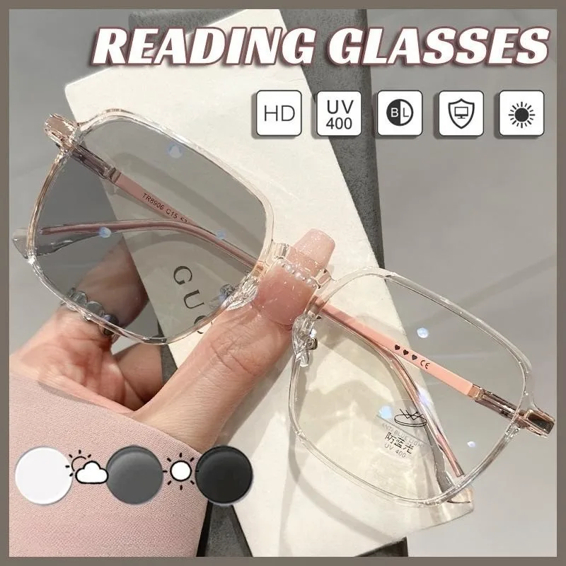 Weitsichtige Anti-Blaulicht-Brille, durchscheinende, verfärbte Lesebrille, abgestufte photochrome Lesebrille 0-+400