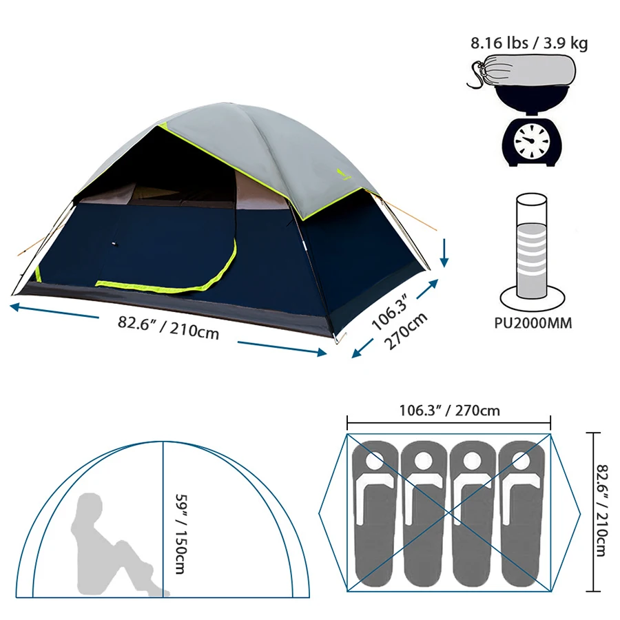 

‌4 Person Camping Tent With Black Coating Sun Protection Waterproof Double-Layered Family Tent For Park Picnic Large Space
