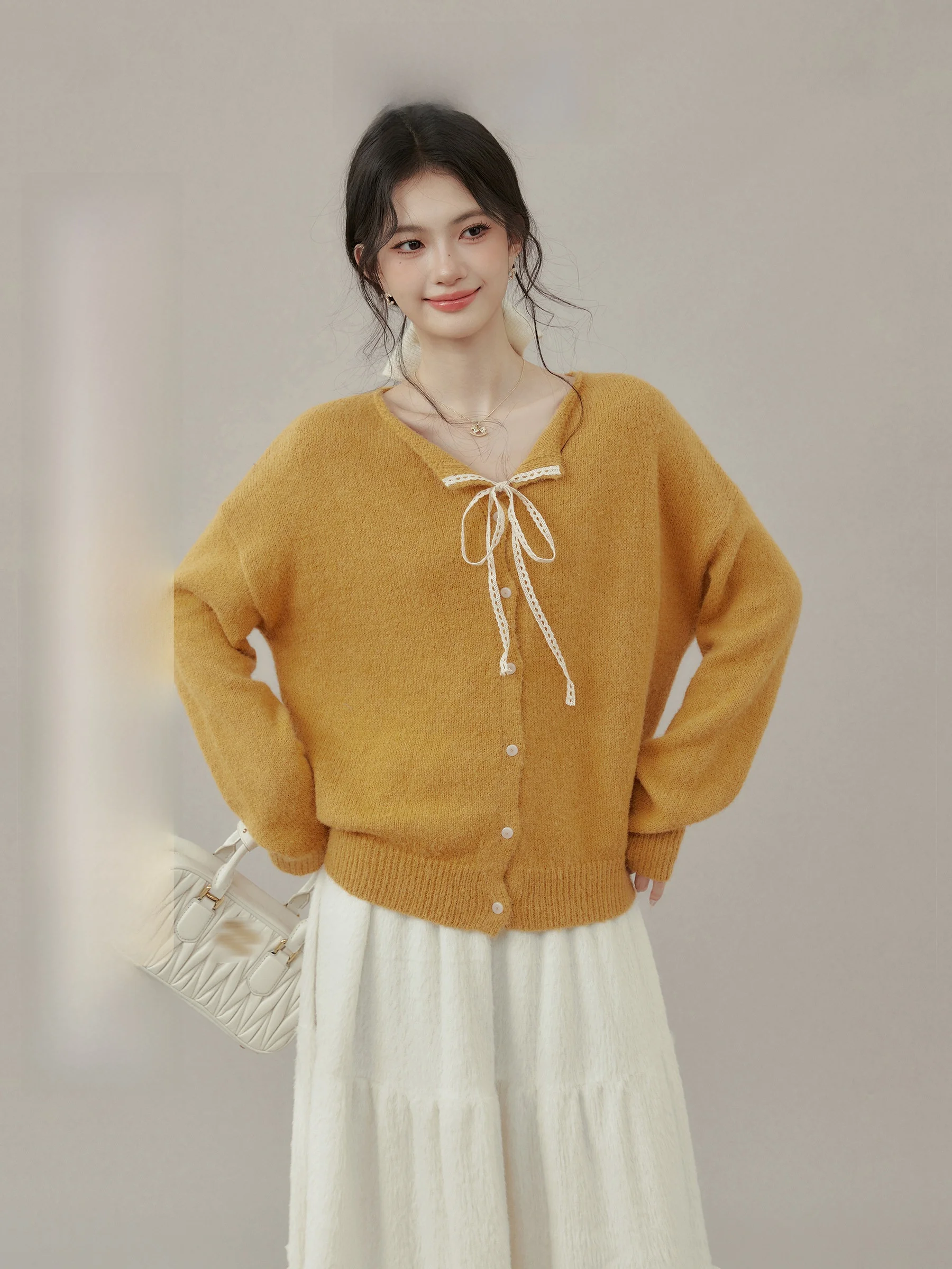 

Soft Lace Trim Loose Sweater Cardigan Warm Cozy Autumn Winter V-ne Long Sve Women's Premium Faion Knitted Top