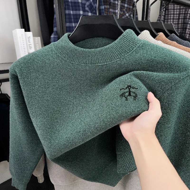 Fashionable Men's Brand New Exquisite Embroidered Knitted T-shirt Autumn Comfortable Velvet Warm Solid Color Round Neck Sweater