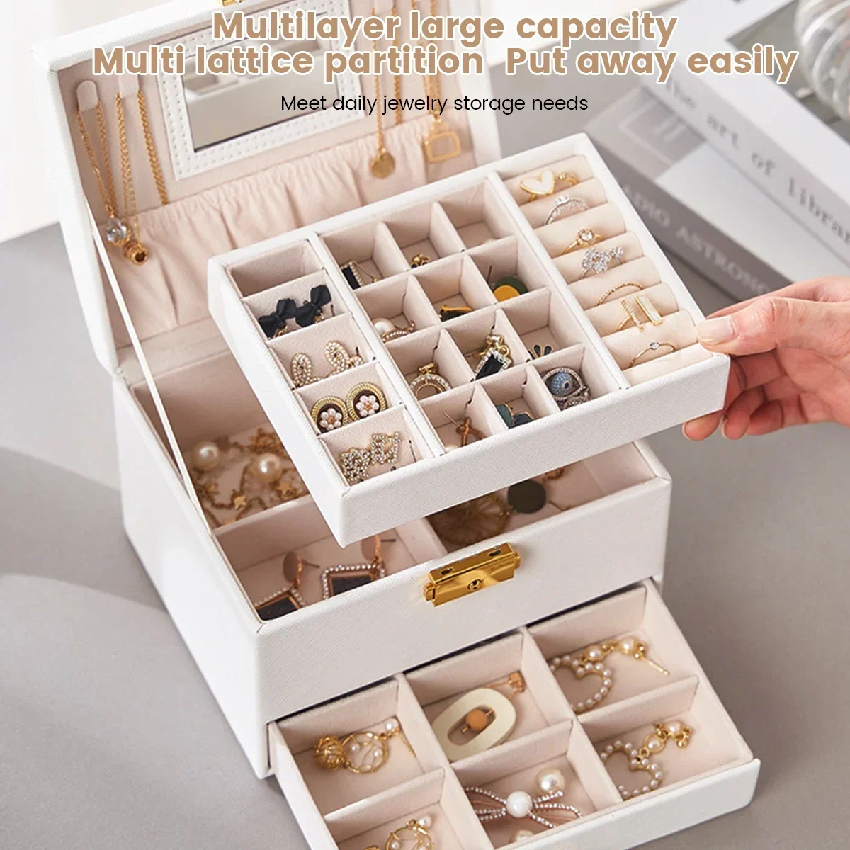 Jewelry Box Organizer PU Leather Jewelry Display Case with Mirror Double Layer Jewelry Storage Holder Case Large Capacity Drawer