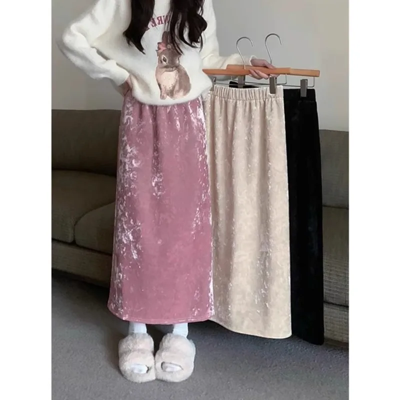 Damen 2025, Herbst und Winter, neuer Stil, gespleißt, hohe Taille, Schlitz, A-Linie, hüftbetonter Samtrock