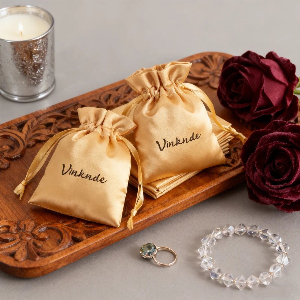 

100 шт./лот, индивидуальный логотип, золотые атласные ювелирные изделия, сумка на шнурке, кольца, серьги, браслет, кулон, упаковка, сумка для хранения подарков, ювелирных изделий