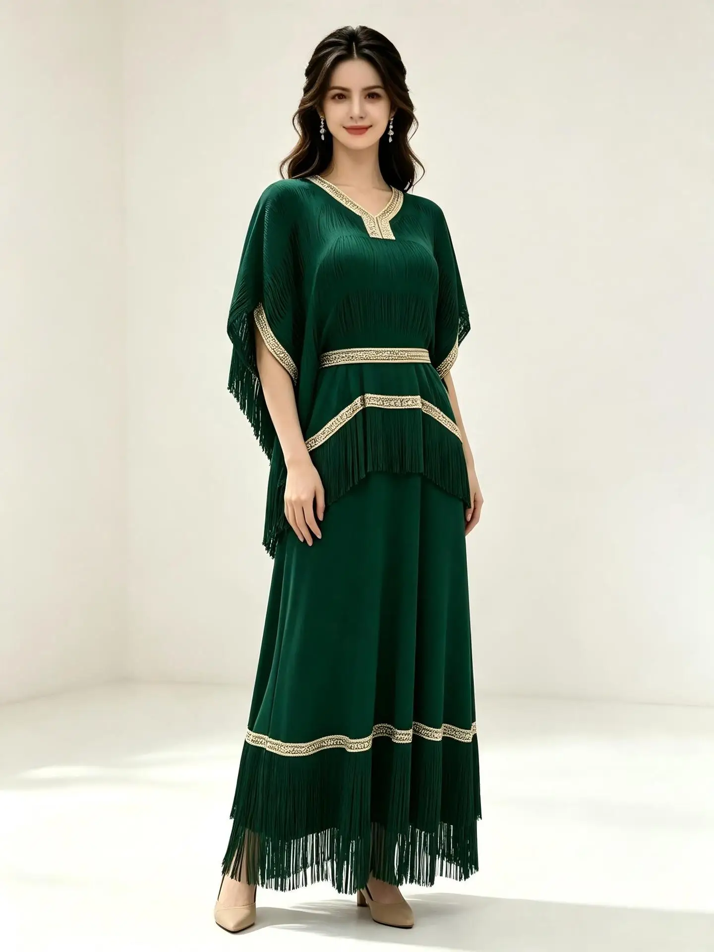 Miyake Fashion Design Sense Loose Dress Fringed Hem Summer New Solid Color Pleated Irregular Long Dress Two-piece Set