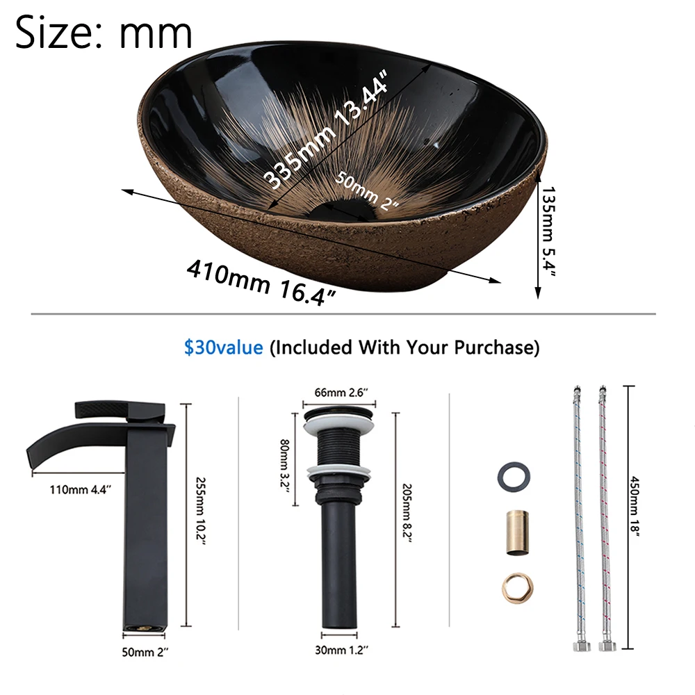 Torayvino Art Oval Ceramic Bathroom Basin Above Counter Vessel Vainty with Black Waterfall Mixer Faucet Pop-up Drain Combo Kit
