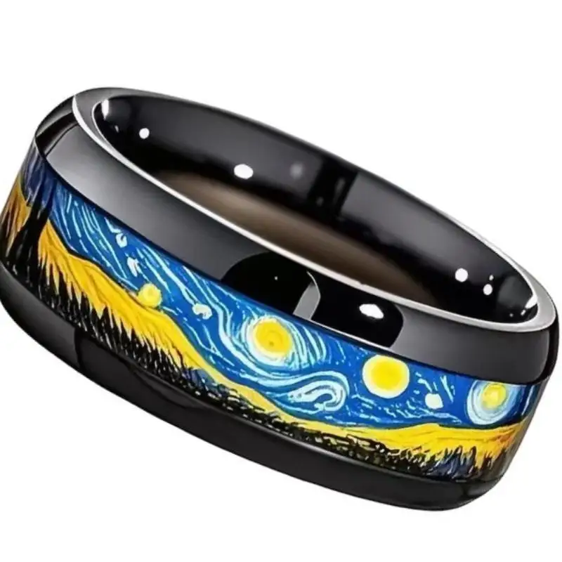 Unique Starry Night Pattern Unisex Black Ring Personality Wedding Band Party Jewelry Accessory