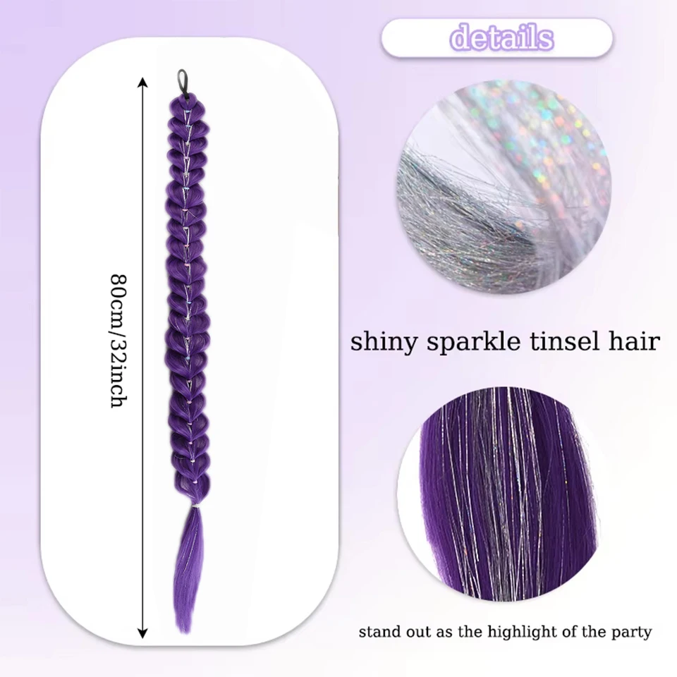 Cola de caballo trenzada sintética morada de 32 pulgadas con brillantina, extensión súper brillante para niños, cosplay de Navidad 4