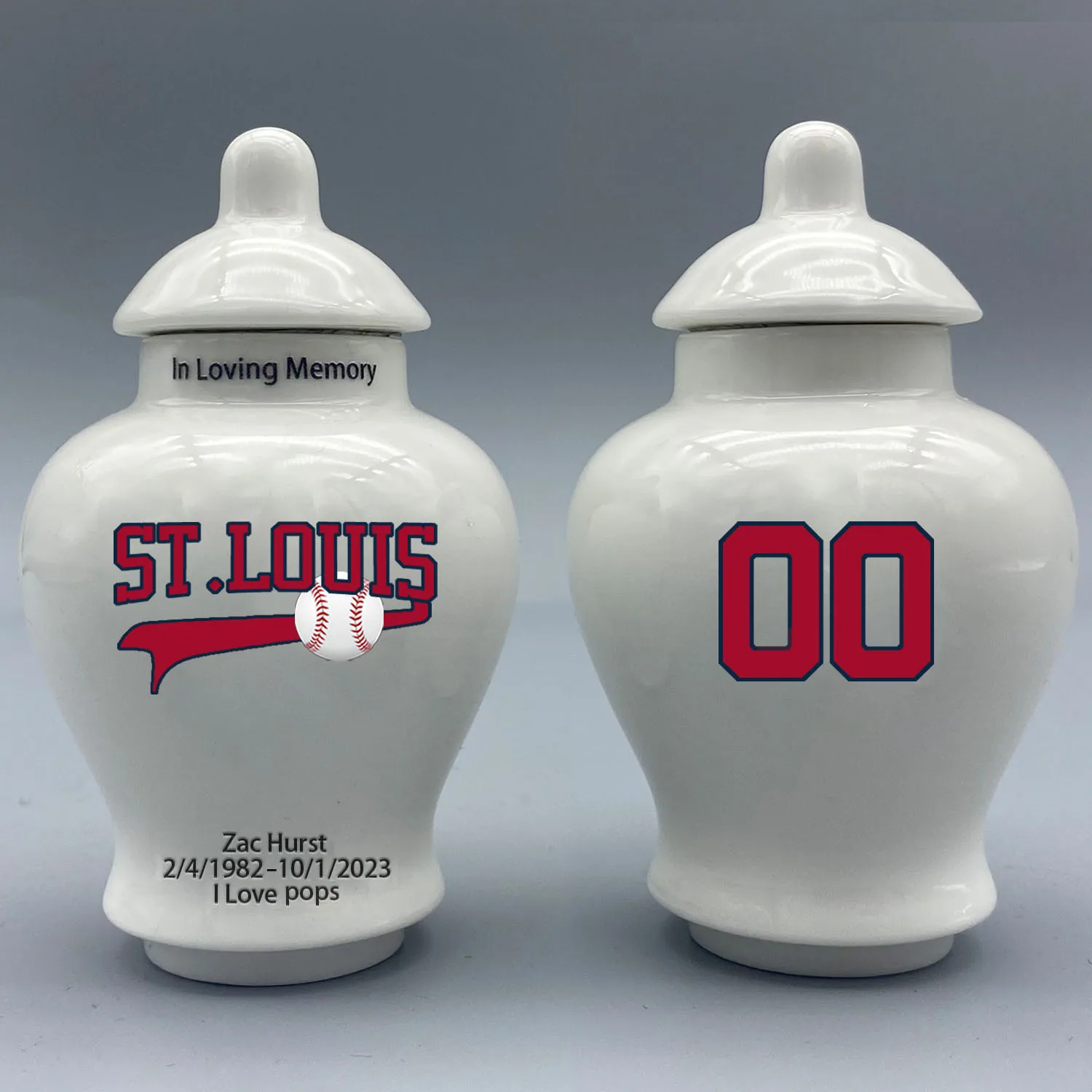 

Mini Urn for St. Louis Cardinals-Baseball themed.Please send me the customization information - name/date and number on the urn