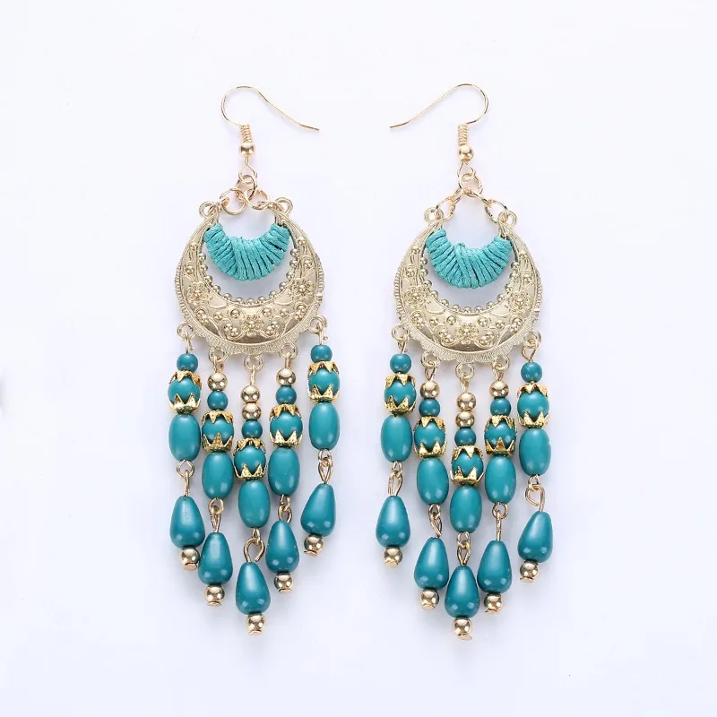 1Pair Bohemian Style Moon Tassel Earrings for Women Fashion Vintage Bead Curtains Earrings Girl Party Decoration