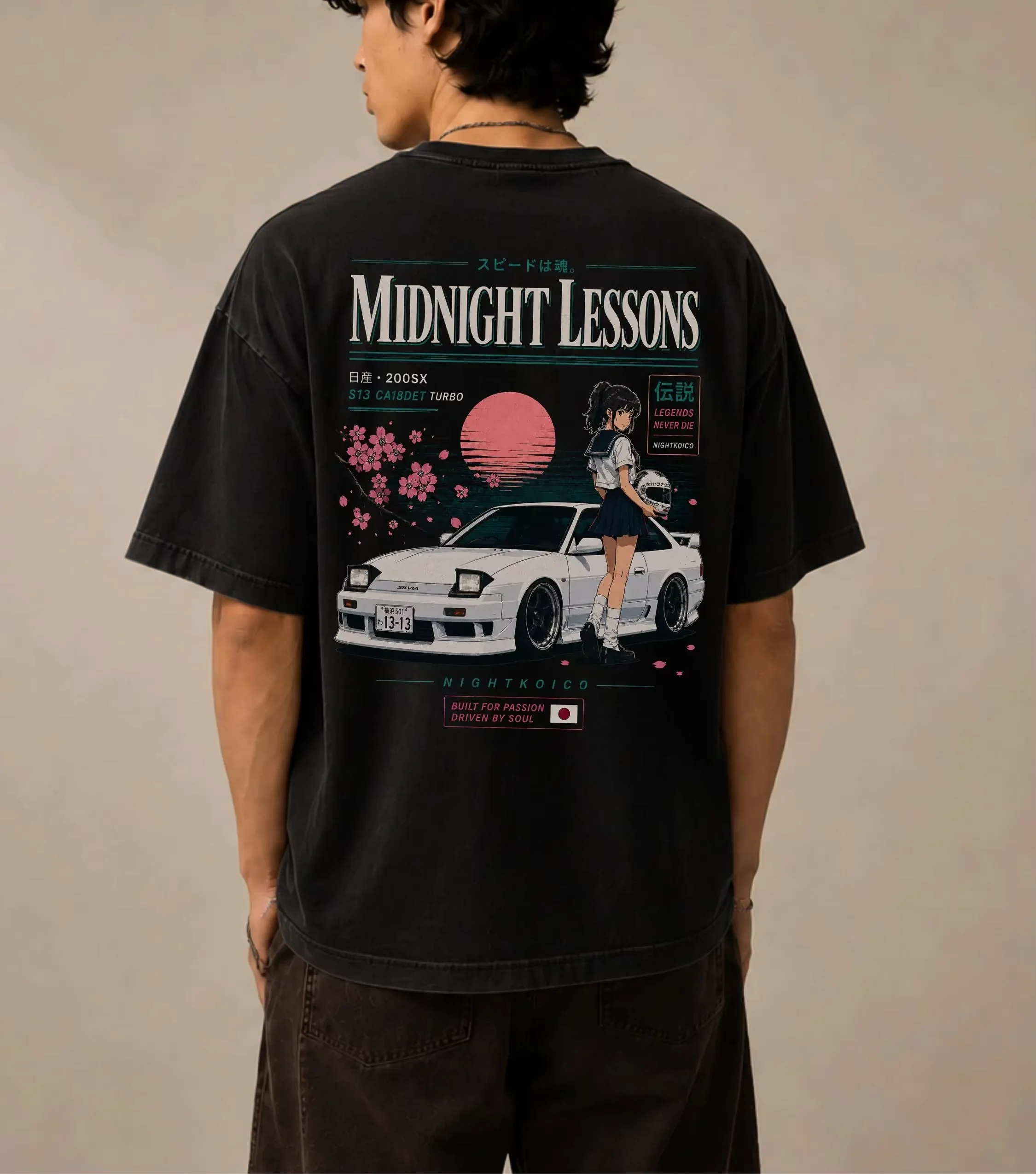 2026 New JDM Streetwear Oversized Short Sleeve T-shirt Unisex Late Night Drive Anime Girl Skyline Car Graphic Print Tee,