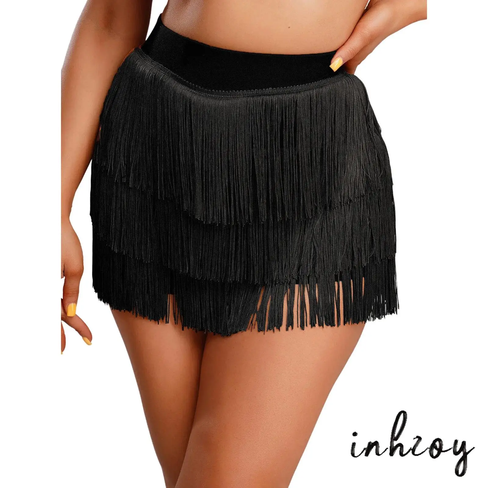 Womens Latin Tango Dance Skirt Built-in Shorts High Waist Tiered Tassel Skirt Dance Costume for Chacha Salsa Balls Competition