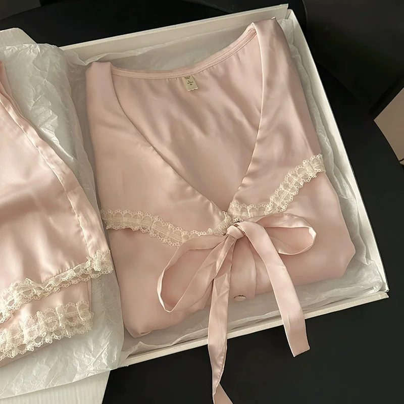 

Vintage Court Style Sleepwear Women's Nightwear Luxury Loungewear Lace Bow Trim Top&pants 2 Pieces Set Home Clothes Female Pjs
