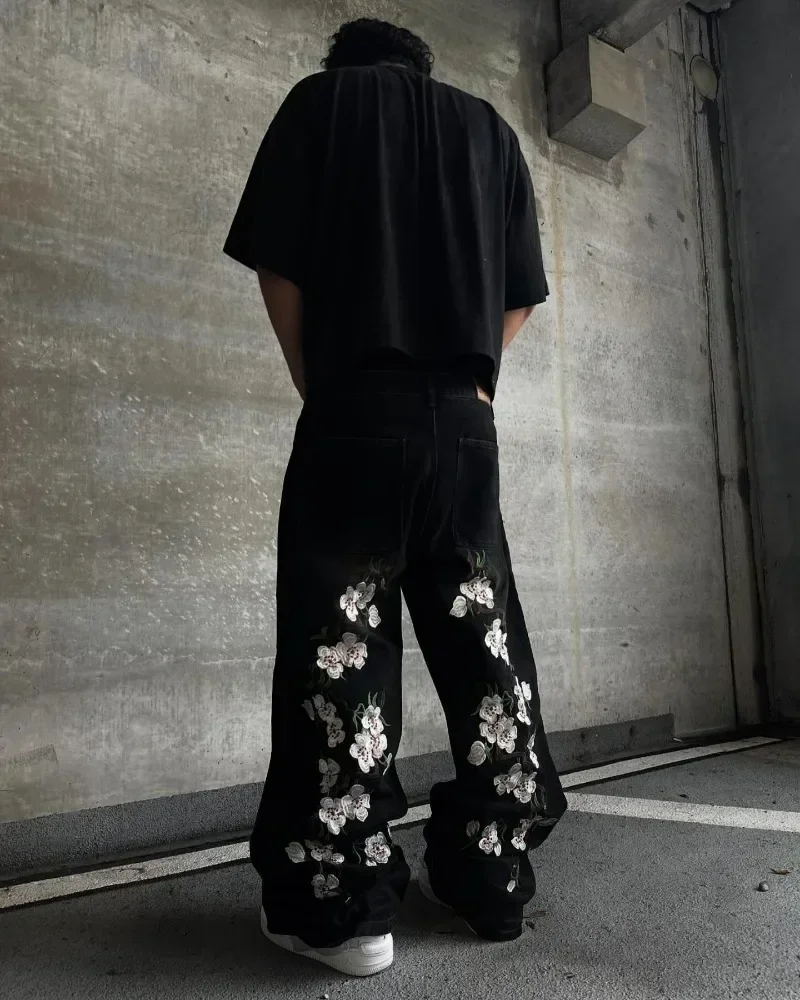 Y2K Hip Hop Harajuku Retro Sakura Embroidered High Quality Jeans Streetwear Hip Hop Goth Men's and Women's Wide Leg Jeans