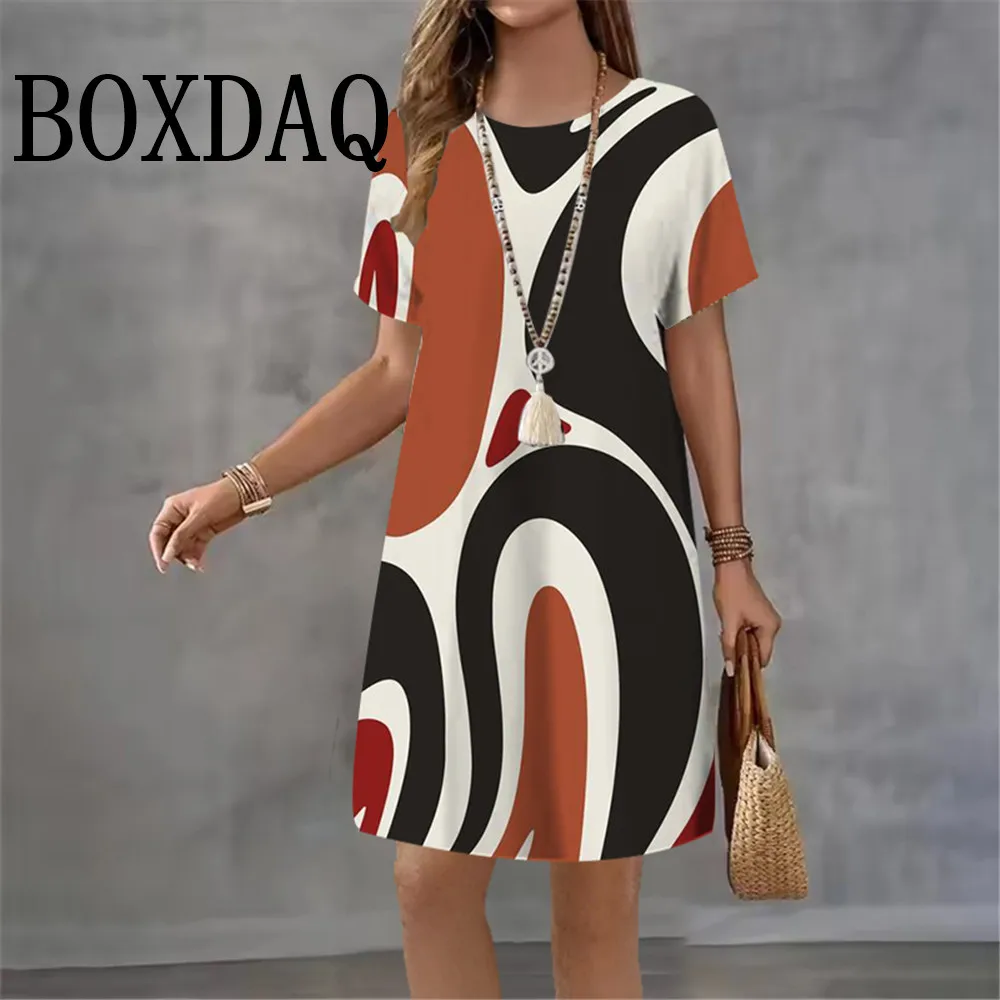 2026 Summer New Dresses Women Outdoor Fashion Short Sleeve Abstract Animal Cat Pattern Print Dress Casual Loose A-Line Dresses
