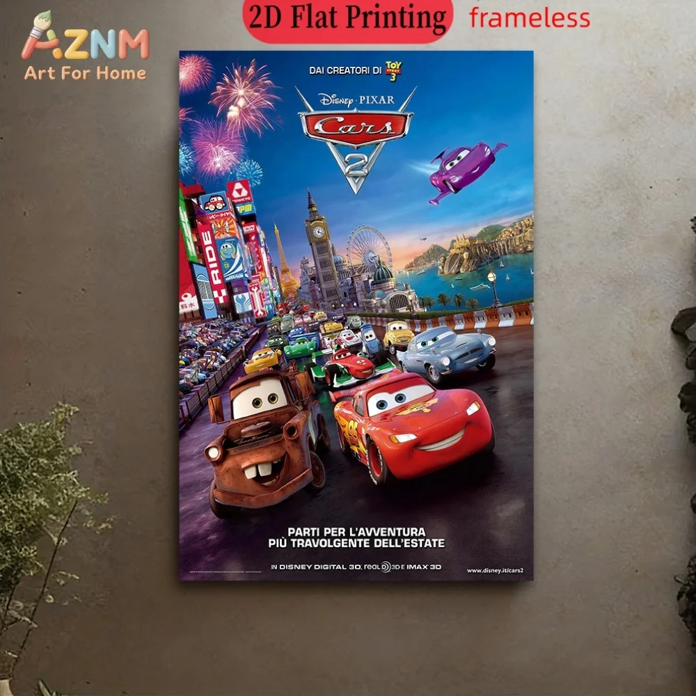 

AZNM Disney Pixar Cars 2 Lightning McQueen Mater, классический постер с изображением персонажей, безрамное настенное искусство на холсте для детской комнаты, декор для дома