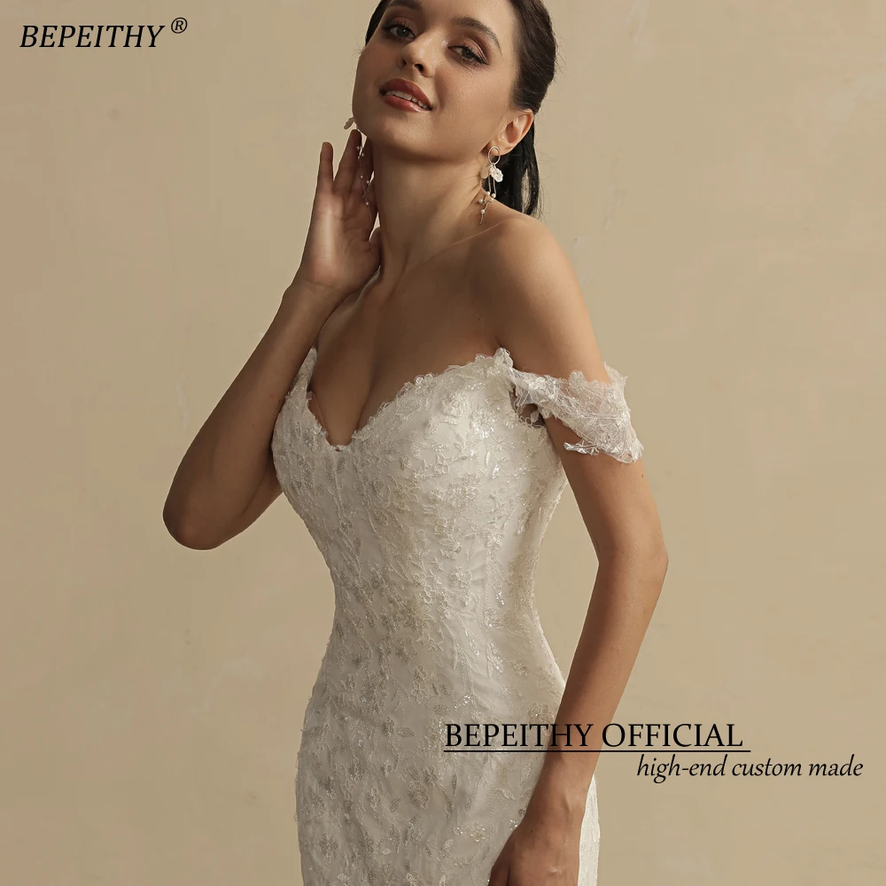 BEPEITHY Lace Mermaid Wedding Dresses For Women Off The Shoulder Court Train Sleeveless Vestidos De Novia Ivory Bridal Gown 2022