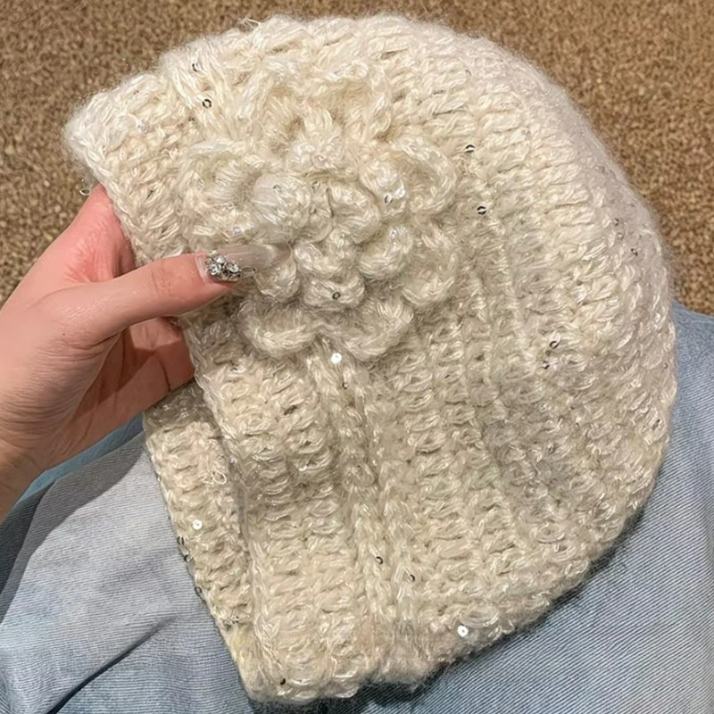 retro-glitter-knitted-flower-women-hat-autumn-winter-warmth-comfortable-cold-proof-beanies-french-3d-flower-crochet-thicken-caps