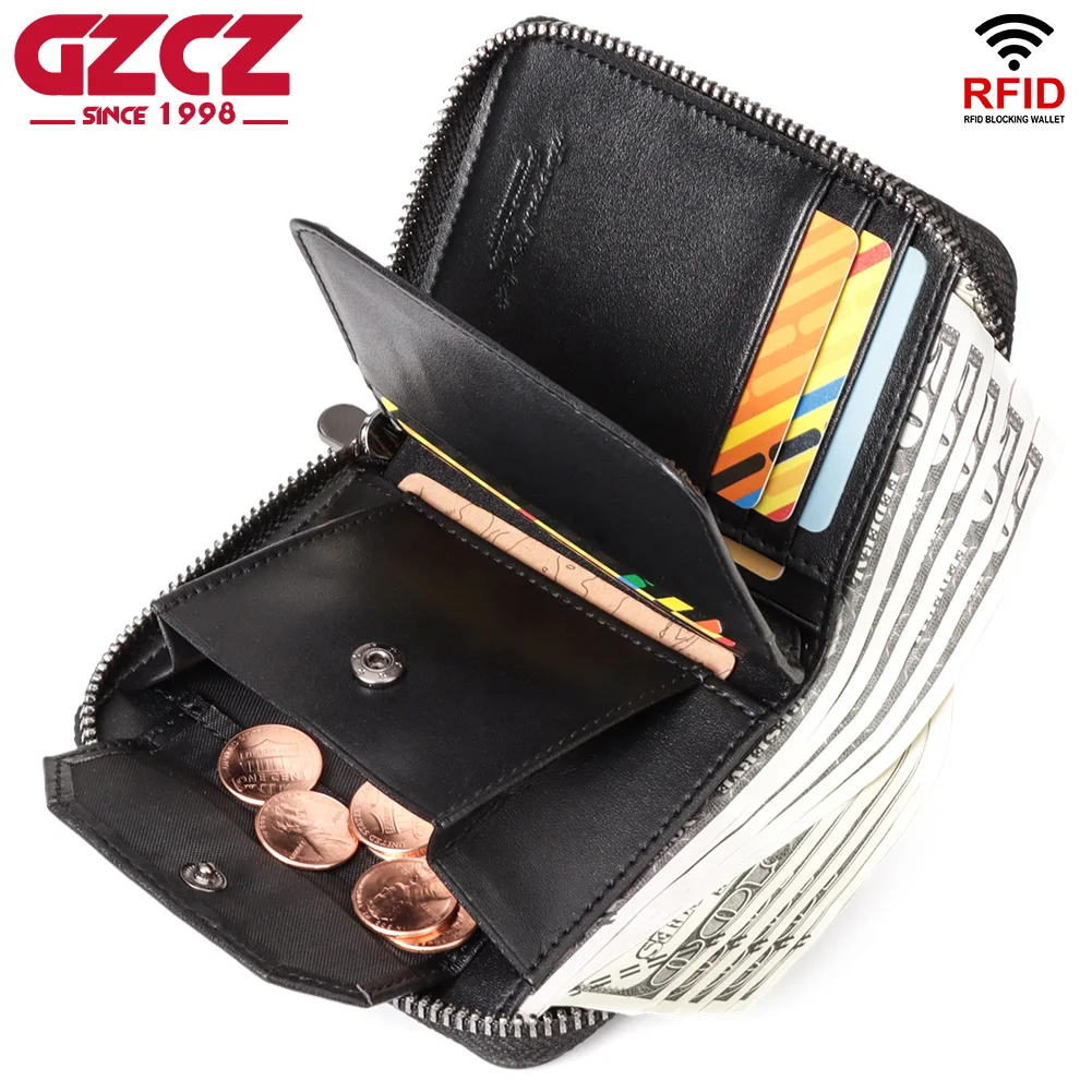 GZCZ 100% Original Genuine Leather Wallet For Men Luxury High Quality Credit Cards Storage Bag With Coin Pocket Anti theft Chain