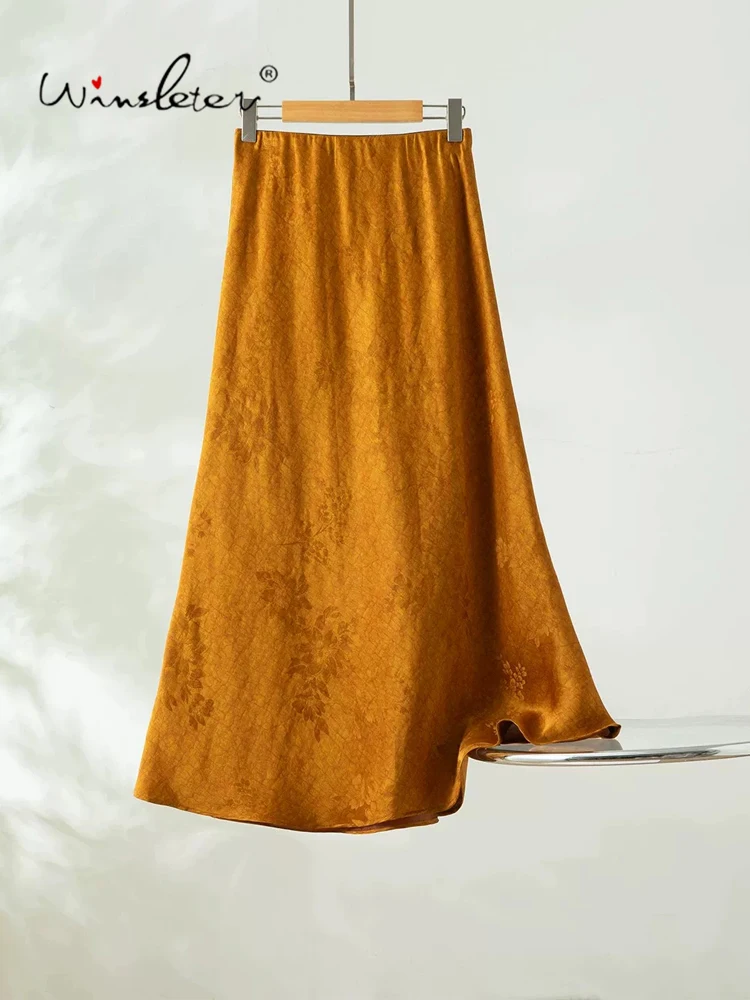 Winsleter-100%Real Silk Watered Gauze Elegant Skirts, Elastic Waist Jacquard, Women Retro Trumpet Skirt, 2026 Autumn B67736CC