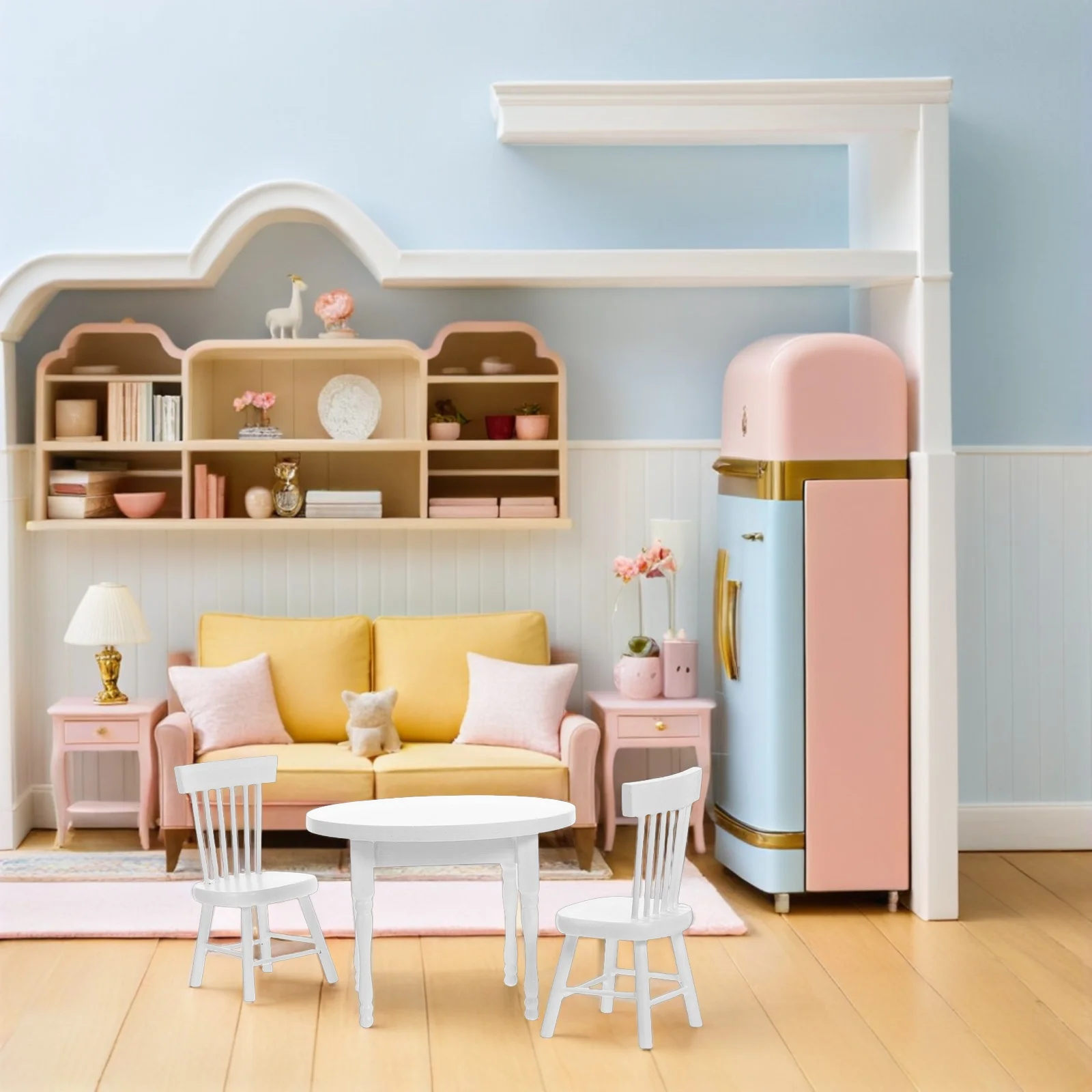 1 set di mobili in legno per casa delle bambole in miniatura, sedie da tavolo, mini soggiorno bianco, sala da pranzo, arredamento, accessori in miniatura