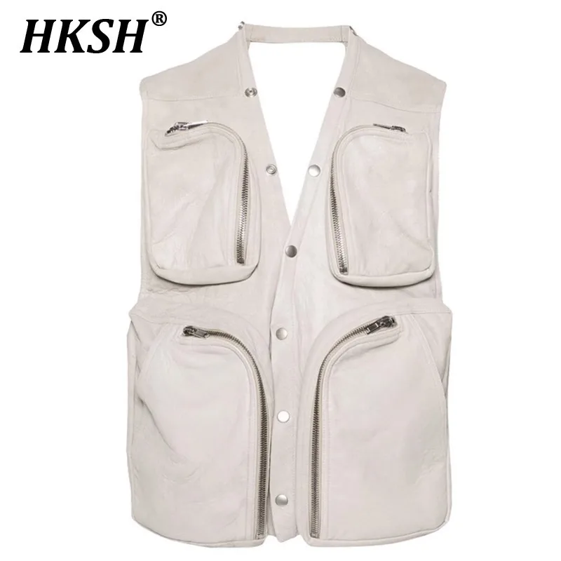 HKSH Spring Summer New Men Tide Pocket Streetwear Jacket Hollowed Out Sleeveless Vest Leather Tops Ins Tactical Dark Coat HK5264