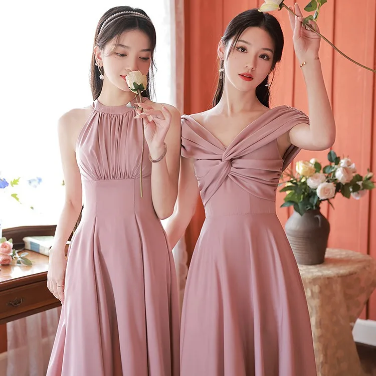 

Новые атласные розовые платья для подружек невесты: комплект для сестер, стройнящие платья для женщин, элегантные свадебные платья