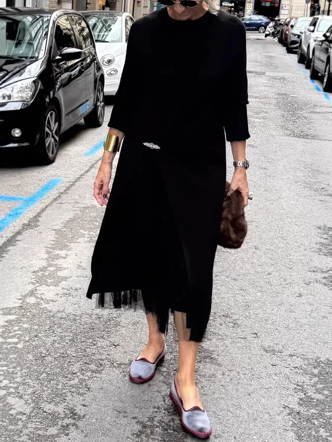 European and American Women's Clothing Two-piece Long-sleeved Dress Solid Color Mesh Skirt Rubber Waist