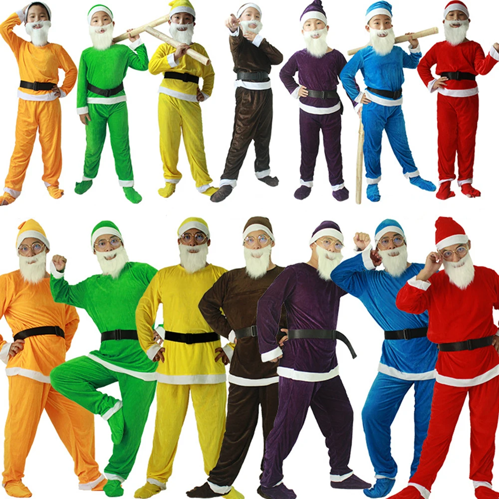 

Children Christmas Costumes Hat Beard Belt Shoe Cover Seven Dwarfs Costume Full Set Kids Halloween Carnival Cosplay Clothing Set