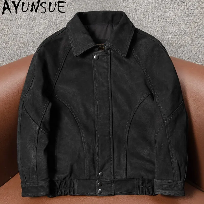 AYUNSUE Top Layer Cowhide Genuine Leather Jacket Men Bat Sleeves Washed Vintage Real Leather Coat Retro Casual Outerwear 2026