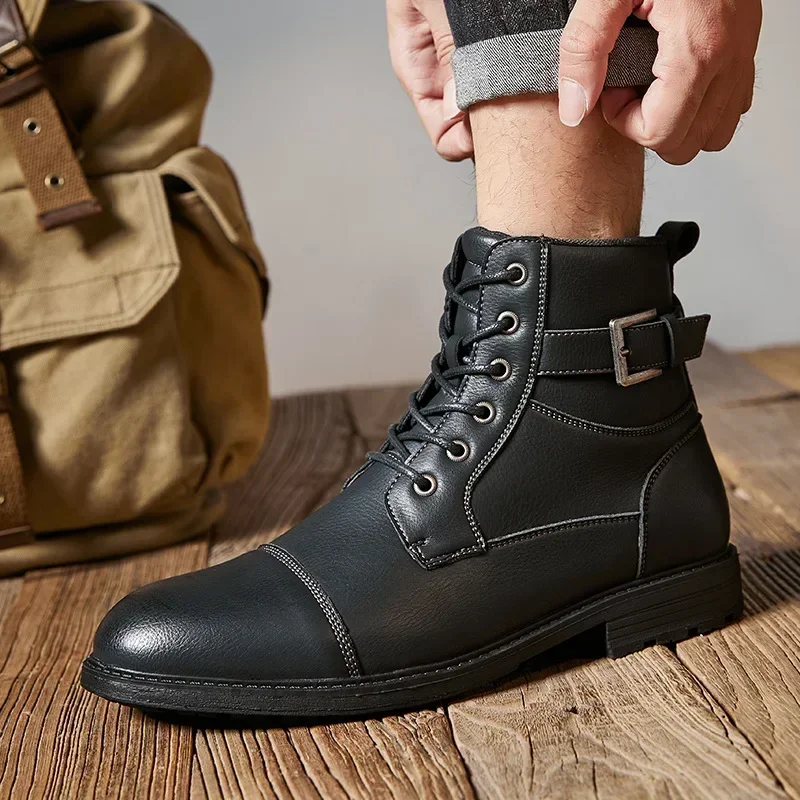 Anti Slip Retro Man Leather Boots Lace Up High Top Ankle Boots Autumn Winter Outdoor Men Martiin Boot Side Zipper Tooling Boots