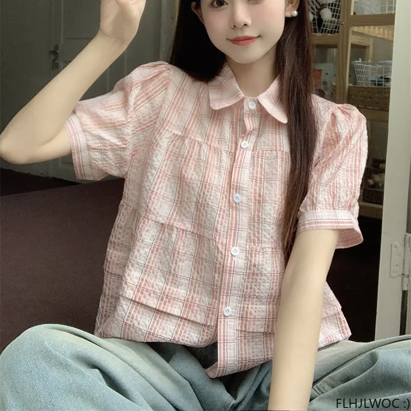 Cute Chic Peter Pan Collar top donna Summer Korea Japan Preppy Style Girls Baby Shirt Design Short Plaid camicette Vintage